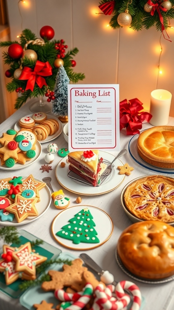 A festive holiday baking scene with cookies, cake, pie, and a printable baking list.